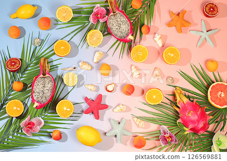Tropical background with exotic fruits, Sunny banner. Summer in a snapshot, Dragon fruit, pitaya, oranges, apricots, orchid flowers, grapefruit and seashells on palm leaves, template for your design. 126569881