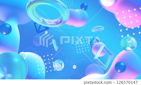 A glassmorphic three-dimensional space with glass, fluids and various shapes floating in it - Blue 126570147