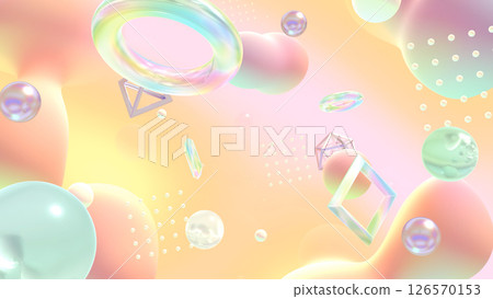 A glassmorphic three-dimensional space with glass, fluids and various shapes floating in it - Rainbow 126570153