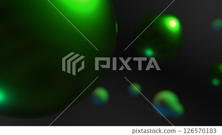 Abstract three-dimensional space with floating metal spheres and fluids - Green 126570183