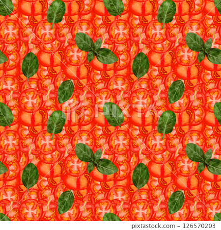 Seamless Fresh Tomato and Basil Pattern Background for culinary, gourmet, or vegan design projects 126570203