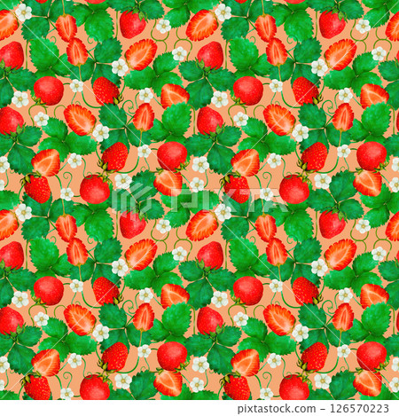 A Vibrant Strawberry Pattern Featuring Green Leaves Alongside Beautiful Blossoms 126570223