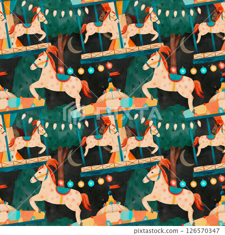 Vintage Carousel Horses watercolor Pattern  126570347