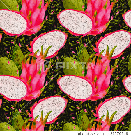 A Vibrant and Colorful Dragon Fruit Pattern Intertwined with Tropical Foliage Elements 126570348