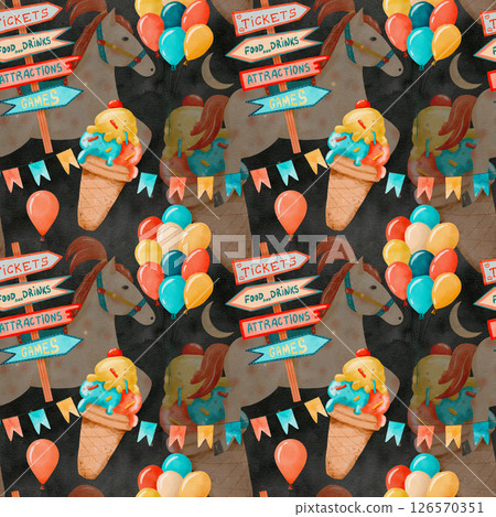 Colorful Fair Watercolor seamless pattern with Ice Cream Treats and Bright Balloons 126570351