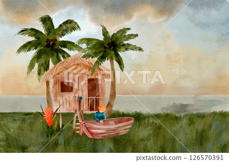 Experience Coastal Serenity A Quaint Cabin and a Charming Boat Nestled Amidst Lush Palm Trees 126570391