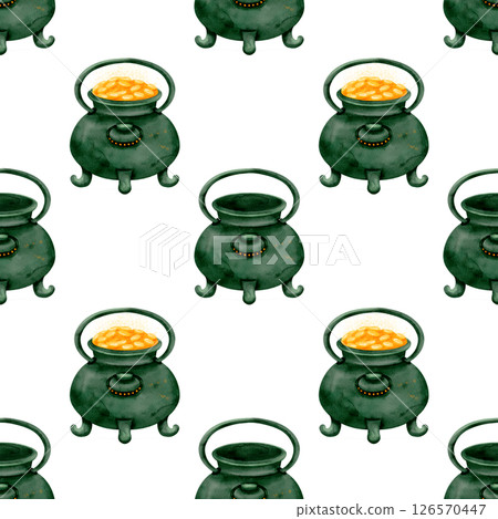 A charming and vibrant Lucky Green Cauldron adorned with a delightful Gold Coins Pattern 126570447