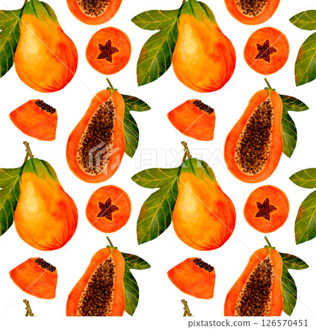 A Beautiful and Vibrant Papaya Accompanied by Various Tropical Fruits Patterned Design 126570451