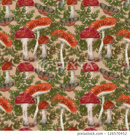 Red fly agarics, forest fern branches, butterflies and snails. Seamless pattern. Red fly agarics, forest fern branches, butterflies and snails. Seamless pattern. 126570452