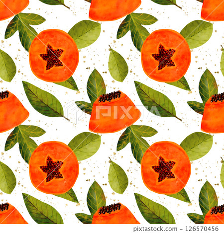 A Beautifully Colorful Pattern Featuring Persimmons and Leaves Created in Watercolor Style 126570456