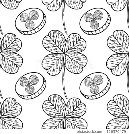 A seamless floral pattern with fourleaf clovers and coins, ideal for projects or celebrations A seamless floral pattern with fourleaf clovers and coins, ideal for projects or celebrations 126570479