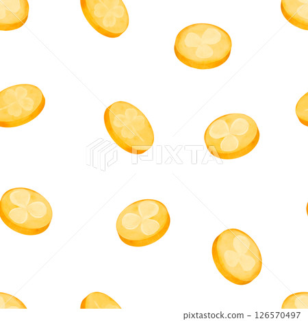 An Elegant Pattern Featuring Sliced Citrus Fruits Set Against a Crisp White Background 126570497