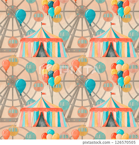 A Colorful Carnival Scene Featuring a Large Ferris Wheel Surrounded by Bright Balloons 126570505