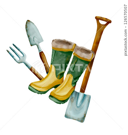 Gardening Tools and Comfortable Rubber Boots for Engaging Outdoor Activities 126570507