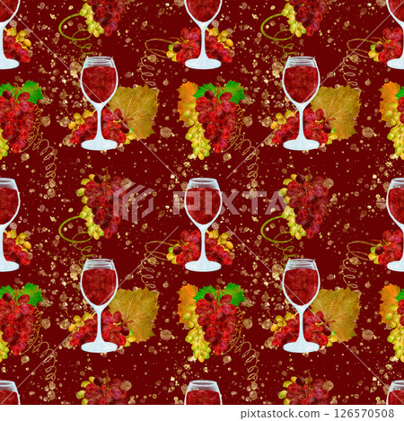 A Beautiful Arrangement of Wine Glasses and Grapes on a Rustic Wooden Background Surface 126570508