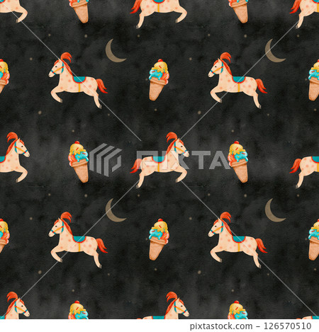 Watercolor pattern featuring playful horses and delicious ice cream 126570510