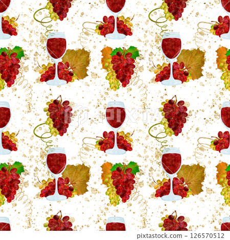 A Beautiful Arrangement of Wine Glasses and Grapes on a white Background Surface 126570512