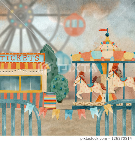 Carnival Scene Featuring a Large Ferris Wheel and a Charming Carousel 126570514