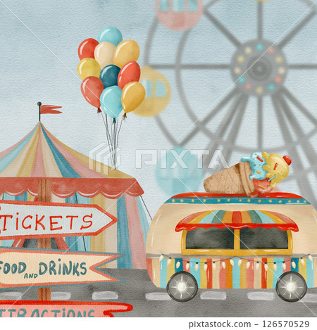 Attractions Charming Fairground Scene Featuring a Nostalgic Ice Cream Van and a Colorful Ferris Wheel 126570529