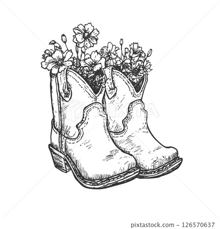 Cowgirl boots with flowers inside. Vintage vector western ink line illustration on white. 126570637