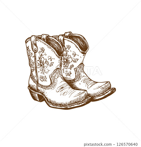 Wild West rodeo cowboy footwear ink vector clipart. Floral cowgirl boots in vintage western style. Wild West rodeo cowboy footwear ink vector clipart. Floral cowgirl boots in vintage western style. 126570640