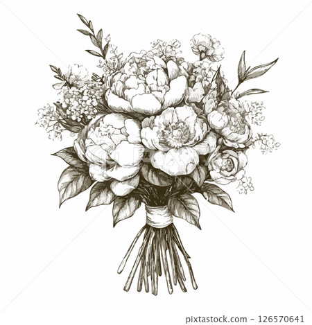 Bridal bouquet with ribbon, vintage floral ink sketch. Vector botanical wedding illustration. Bridal bouquet with ribbon, vintage floral ink sketch. Vector botanical wedding illustration. 126570641