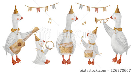 Watercolor set of geese musicians holding drum, guitar, trumpet, tambourine. Retro musical instruments. Hand drawn illustration on isolated background for design kids cards, birthday, holiday, sticker Watercolor set of geese musicians holding drum, guitar, trumpet, tambourine. Retro musical instruments. Hand drawn illustration on isolated background for design kids cards, birthday, holiday, sticker 126570667