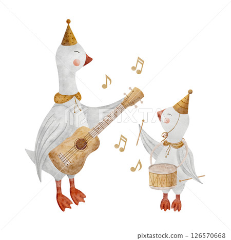 Watercolor geese musicians with drum, guitar, notes. Goose play musical instruments. Hand drawn illustration on isolated background in retro style for design baby cards, holiday, education, festival Watercolor geese musicians with drum, guitar, notes. Goose play musical instruments. Hand drawn illustration on isolated background in retro style for design baby cards, holiday, education, festival 126570668