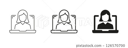 Woman Line and Silhouette Icon Set on Laptop Screen, Online Communication or Video Call. Virtual Meetings and Digital Interaction. Editable Stroke. Isolated Vector Illustration Woman Line and Silhouette Icon Set on Laptop Screen, Online Communication or Video Call. Virtual Meetings and Digital Interaction. Editable Stroke. Isolated Vector Illustration 126570700