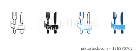 Fork And Knife With Measuring Tape Line and Silhouette Icon Set. Diet And Weight Loss Concept. Fitness And Healthy Eating. Wellness And Nutrition. Isolated Vector Illustration Fork And Knife With Measuring Tape Line and Silhouette Icon Set. Diet And Weight Loss Concept. Fitness And Healthy Eating. Wellness And Nutrition. Isolated Vector Illustration 126570702