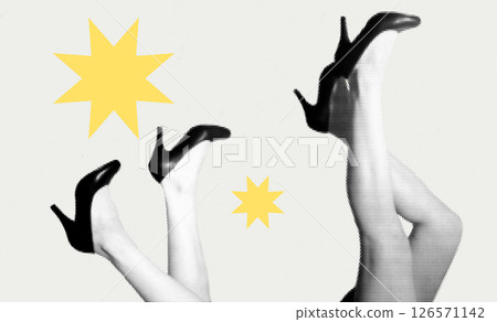 Halftone Retro Collage of Women's Legs in High Heels with Yellow Stars 126571142
