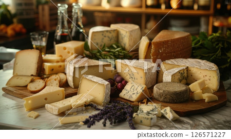 Group of various cheeses including gruyere, provolone, parmigiano-reggiano, cheddar, and more 126571227