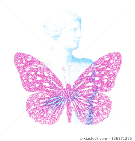 Risograph Print with Photocopy Effect Featuring a Butterfly and Venus Statue 126571236