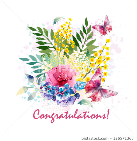 Greeting card. Watercolor flowers. hand drawn. Not AI, Vector illustration Greeting card. Watercolor flowers. hand drawn. Not AI, Vector illustration 126571363
