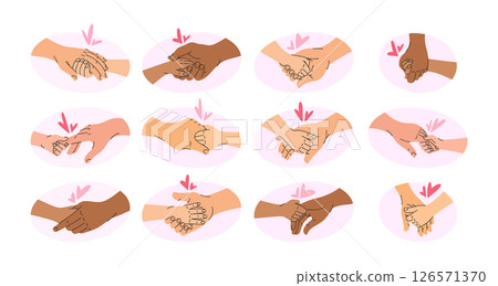 Adult and child hands holding together with love design elements set isolated on white background Adult and child hands holding together with love design elements set isolated on white background 126571370