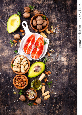 Healthy fat concept. Product with omega 3. Healthy fat concept. Product with omega 3. 126571426