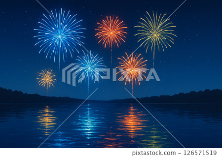 五彩繽紛的煙火綻放在夜空中，燈光倒映在湖面上 126571519
