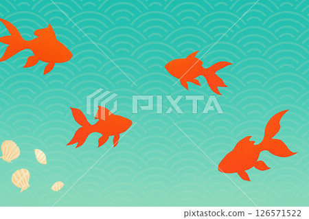 A cool summer background illustration with Japanese-style patterns and goldfish swimming 126571522