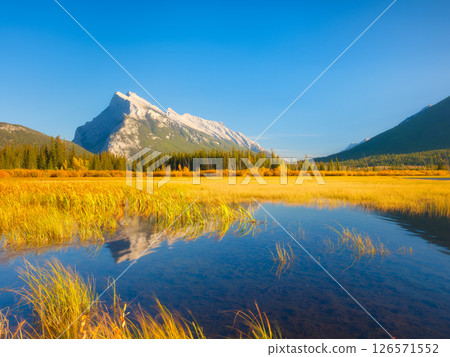 Vermilion lakes. Banff National Park, Alberta, Canada. Reflections on the surface of the water. 126571552