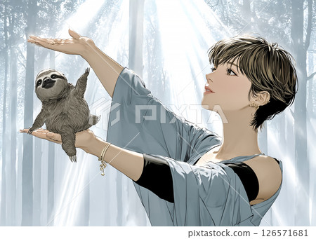 Illustration material of a sloth fairy doing yoga with a sloth 126571681