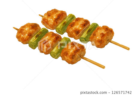 Watercolor illustration of grilled skewers of meatballs and realistic Japanese-style material of negima-style yakitori Watercolor illustration of grilled skewers of meatballs and realistic Japanese-style material of negima-style yakitori 126571742