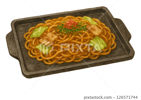 Watercolor illustration of grilled skewers of meatballs and realistic Japanese-style material of negima-style yakitori 126571744