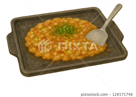 文字燒(東京市中心的一道用鏟子製作的鐵板美食)的水彩插圖 文字燒(東京市中心的一道用鏟子製作的鐵板美食)的水彩插圖 126571746