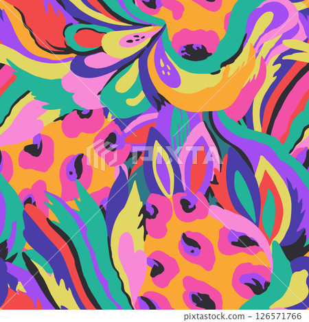 Colorful seamless pattern with chaotic floral and psychedelic abstract elements.  126571766