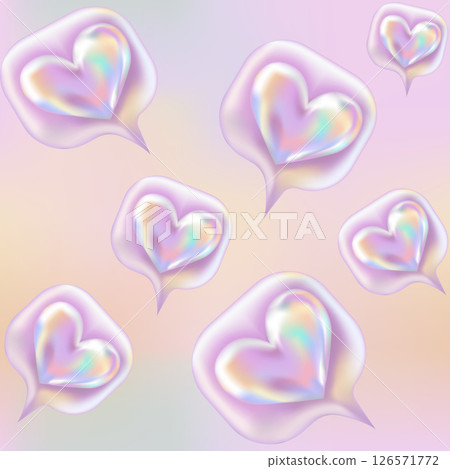 3d Holographic Like icon or Message Heart Seamless pattern. Chrome Hearts in Y2K style on Pink, Orange gradient background. Future galaxy aesthetic, 3D chrome bubble art. Metal glossy abstract art 126571772