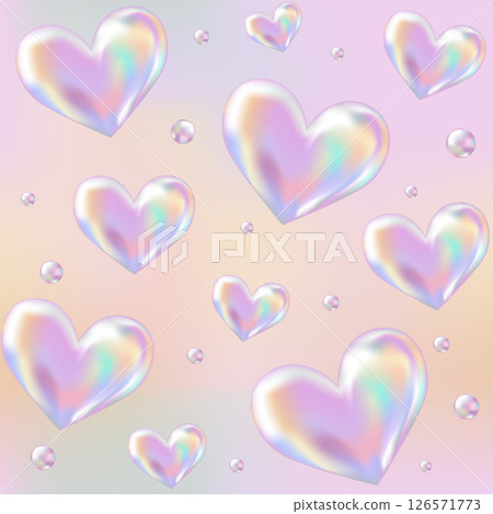3d holographic retro 90 seamless pattern. Chrome Hearts in Y2K style on Pink, Orange gradient background. Future galaxy aesthetic, 3D chrome bubble art. Metal glossy abstract art. 126571773