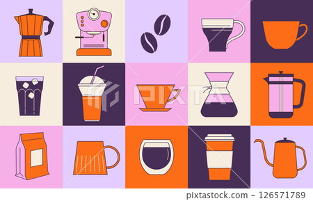 Colorful coffee icon collection. Modern vector seamless pattern. 126571789