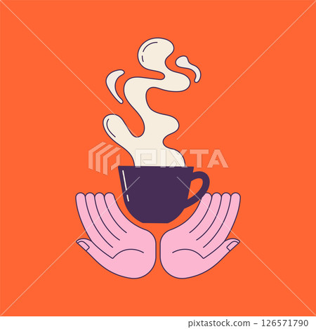 Hand-drawn cartoon of steaming coffee mug held by cupped hands.  126571790