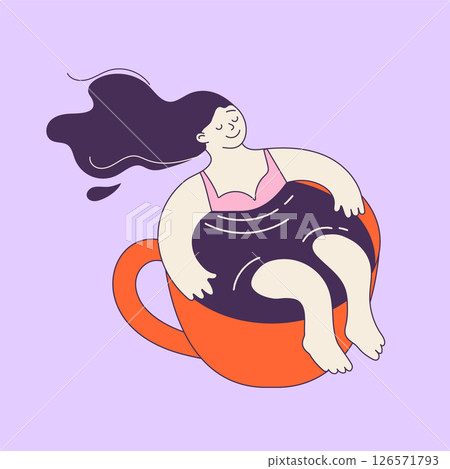 Funny hand-drawn cartoon of woman relaxing in a coffee mug  126571793