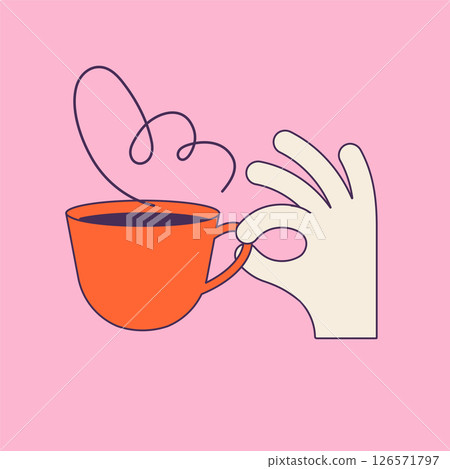 Hand-drawn cartoon of hand holding a coffee cup making an okay sign. Hand-drawn cartoon of hand holding a coffee cup making an okay sign. 126571797
